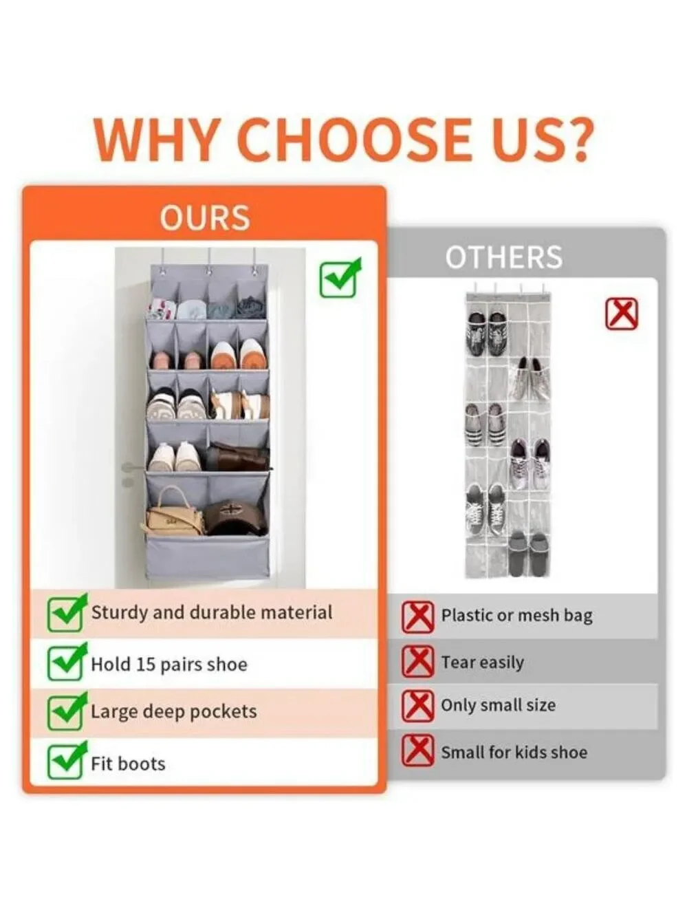 Over Door Shoe Organizer Hanging Rack 15 Pocket Closet Wall Storage Holder